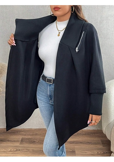 Siyah Kadın Asimetrik Kesim 3 İplik Şardonlu Sweat Ceket Fermuarlı Yaka, Cepli, Oversize Siyah