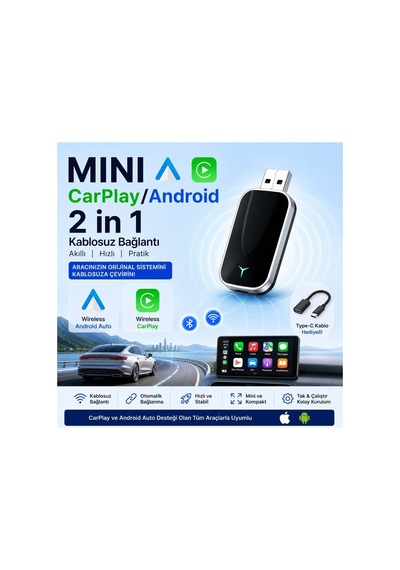 Kablosuz Carplay & Android Auto Mini 2'si 1 Arada Usb Dönüştürücü Type-c Otg Destekli