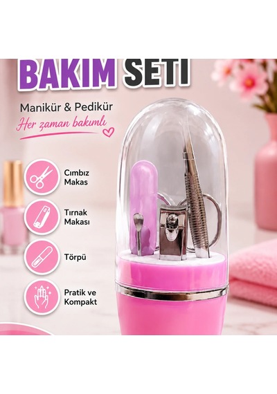 Pembe Manikür Ve Tırnak Bakım Seti Cımbız, Makas, Tırnak Makası Ve Törpü