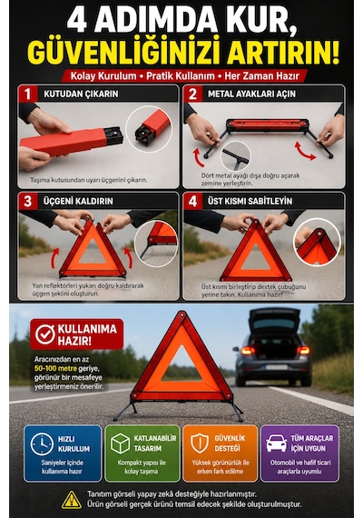 1 Adet Katlanabilir Üçgen Acil Durum Reflektörü Metal Ayaklı Taşıma Kutulu Araç Uyarı Üçgeni Kırmızı