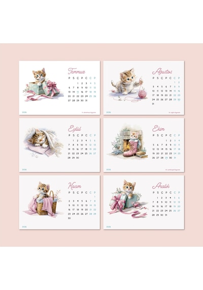 2027 Sevimli Yavru Kedili Masa Takvimi Doğal Ahşap Tabanlı Takvim Pastel Pembe Kedi İllüstrasyon