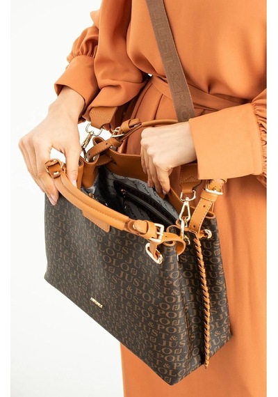 Just Polo Kadın Gofraj Monogram Desenli Mıknatıslı Çıtçıt Kapama El Ve Omuz Çantası Mh4031mh Krem Bej