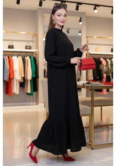 Polologin Butik Bisiklet Yaka Büzgülü Maxi Boy Siyah Elbise - Volanlı Etek Detaylı Siyah