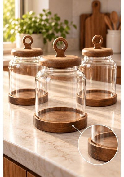 Atbyhome 3'lü Akasya Altlıklı Halka Kulplu Cam Erzak Kavanozu 1100 Ml - Vakumlu Kiler Bakliyat Saklama Kabı Seti Ahşap