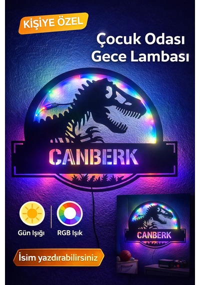 Dinozor Işıklı Led Pano - Kişiye Özel Çocuk Odası Lamba Çok Renkli