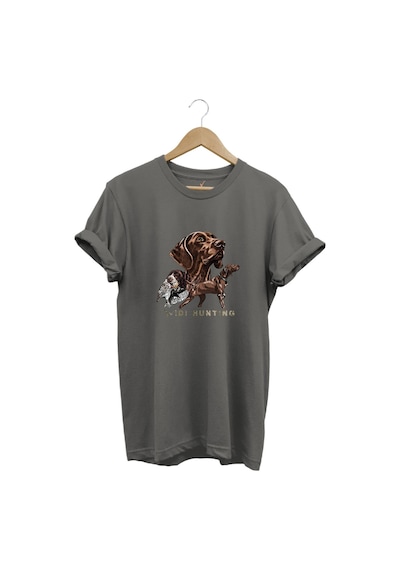 Avcılık Hunter Kurzhaar Av Köpeği Ve Çulluk Baskılı %100 Pamuk Regular Fit Unisex T-shirt Gri