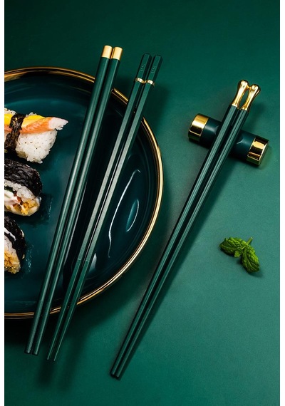 Valkyrie 5 Çift Yemek Çubuğu Seti 24,3 Cm Japon Kore Sushi Chopsticks Lüks Altın Detaylı Yeşil