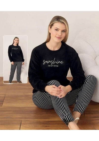 Boyraz Kadın Kışlık Bisiklet Yaka Soft Kadife Pijama Takımı 07041 - 1 Adet Siyah