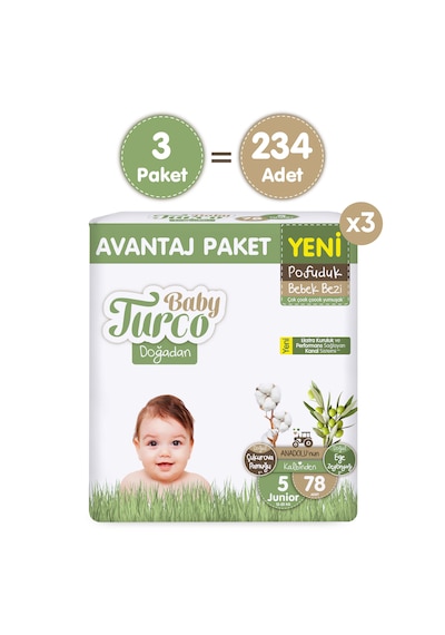 Baby Turco Doğadan Mega Avantaj Paketi Pofuduk Bebek Bezi 5 Numara Junior 234 Adet