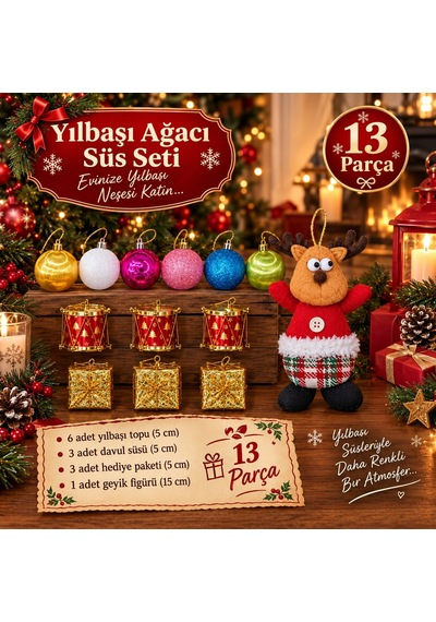 Yeni Yıla Özel 13 Parça Yılbaşı Ağacı Süsü Geyik Figürlü Noel Peluş Ve Yılbaşı Aksesuar Süsleme Seti Diğer