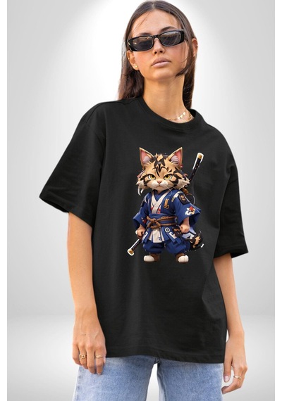 Japon Samuray Kılınç Pamuklu Bisiklet Yaka Unisex Oversize Boyfriend Dijital Baskılı Siyah T-shirt Siyah