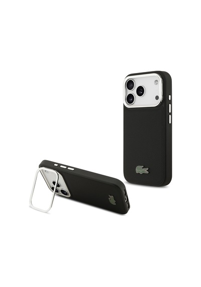 Apple Uyumlu iPhone 17 Pro Kılıf Lacoste Lisanslı M-safe Şarj Özellikli Pu Standlı Metal Logolu Siyah