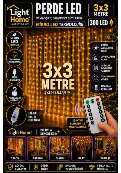 Light Home 3x3 Metre 300 Led Usb Perde Led Kumandalı 8 Modlu Dekoratif Peri Işığı Gün Işığı Gün ışığı