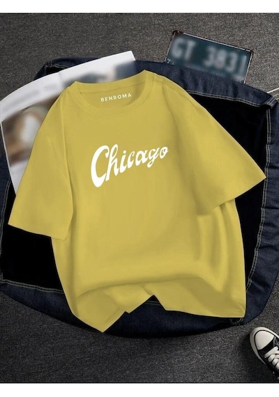Oversıze Chicago Baskılı Unısex Tisort Baskılı Sari