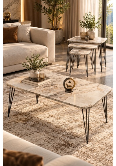 Odera Beyaz Mermer Desenli Orta Sehpa Ve Zigon Sehpa 4'lü Set Metal Tel Ayaklı Modern Salon Sehpası Diğer