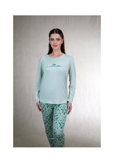 Estiva Kadın Flora Alt Desenli Soft Uzun Kollu Pijama Takımı Yeşil