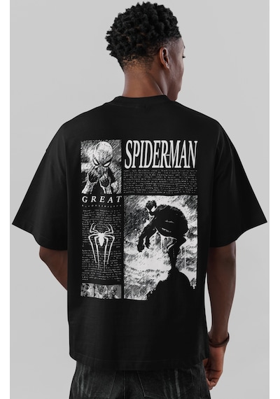 Spider-man Örümcek Adam Süper Kahraman Sırt Baskılı Unisex Oversi Siyah