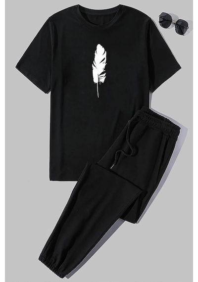 Uyguntarz Unisex Tüy Baskılı 2'li Eşofman Takımı Siyah