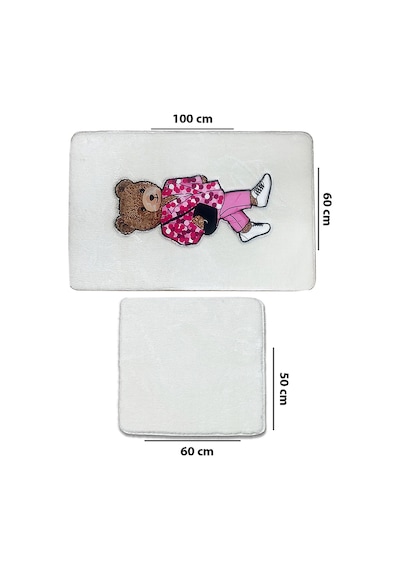 Boss Bear Ekru 2li Nakışlı Banyo Paspası ,kaymaz Tabanlı 60x100 50x60 Cm Ekru-ikili