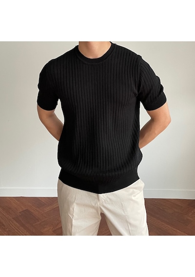 Tarz Cool Erkek Fitilli Slim Fit Bisiklet Yaka Triko T-shirt Haki