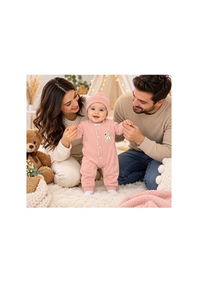 Genel Markalar Pudra Pembe Ayıcık Detaylı Bebek Tulum & Bere Takımı Pembe - 926457804 Pembe