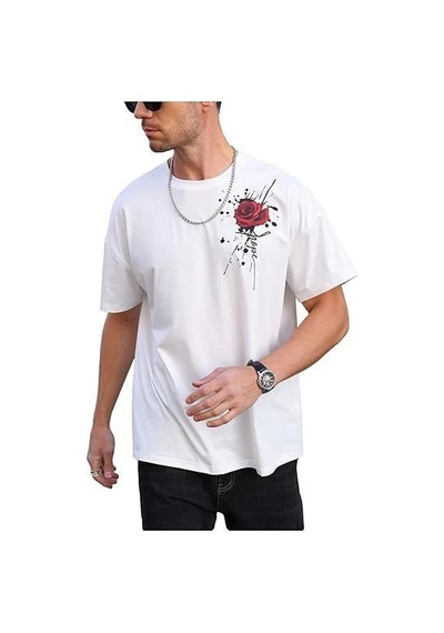 Erkek Kısa Kol Yazlık Tişört Bisiklet Yaka Gül Baskılı T-shirt - Beyaz Siyah