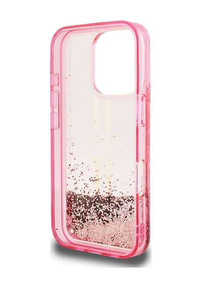 Apple Uyumlu iPhone 16 Pro Max Kılıf Guess Lisanslı Transparan Sıvılı Simli Altın Çizgili Kapak Pembe