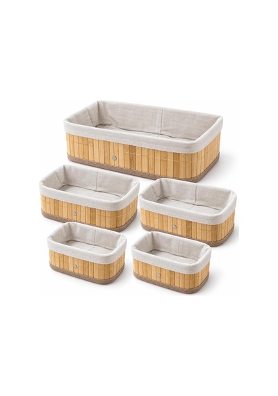 Bambu Düzenleyici Sepet Seti, Kumaş Astarlı, 5'li Set