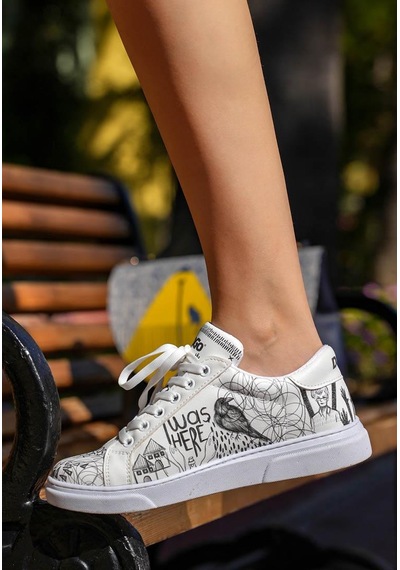 Kadın Vegan Deri Beyaz Sneakers - I Was Here Tasarım Çok Renkli
