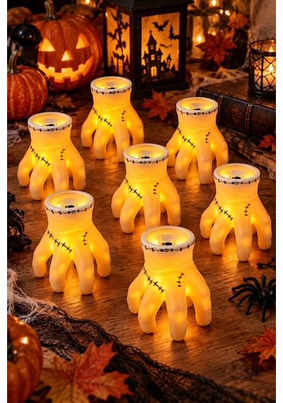 Halloween Cadılar Bayramı Işıklı El Dekoru Dikiş Detaylı Turuncu Led El Süsü 8 Cm Masa Oda Süsü Renkli