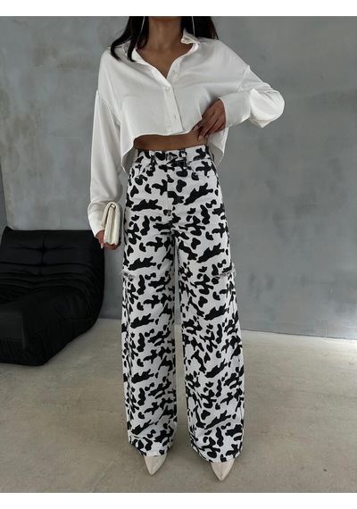 Zeo Basic Baggy Pantolon Beyaz&siyah İnek Desenli Yanlardan Lazerli Beyaz