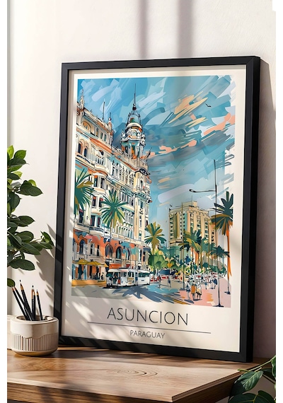 Paraguay Asuncion Temalı Çerçeveli Tablo Travel Serisi Modern İllüstrasyon Şehir Duvar Dekoru Siyah
