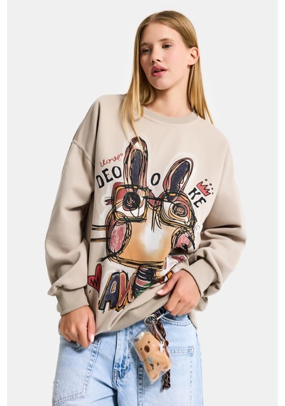 Itsbasic Kadın Ekru Bej W5 Oversize Baskılı %100 Koton Organik Kumaş Sweatshirt