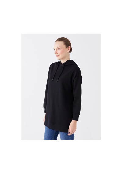 LC Waikiki Kapüşonlu Düz Uzun Kollu Kadın Sweatshirt Tunik Siyah