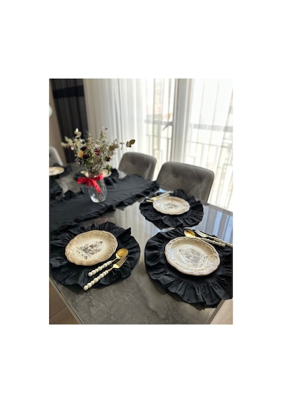 Morlay 7 Parça Fırfırlı Sofra Sunum Seti 6 Adet Amerikan Servisi Supla + 1 Adet Fırfırlı Runner - 40x110 Cm Siyah