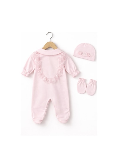 Kardeşler Bebe Dantelli Çiçek Nakışlı Kız Bebek Tulum Bere Eldiven Seti Pembe