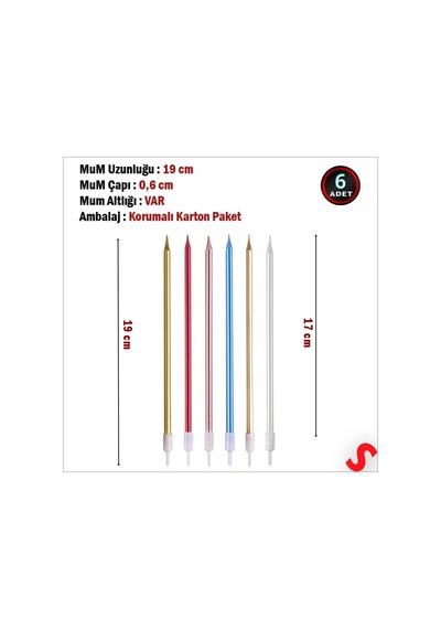 Metalik Çok Renkli İnce Uzun Pasta Mumu 19 Cm - 6 Adet