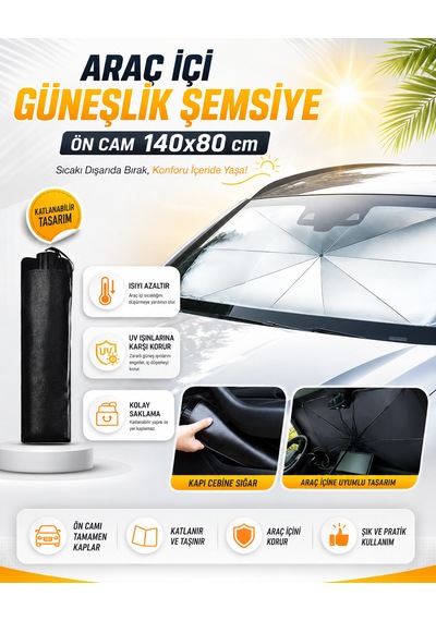 Araç İçi Güneşlik Şemsiye Ön Cam 140x80 Cm Katlanabilir Oto Güneş Koruyucu 1