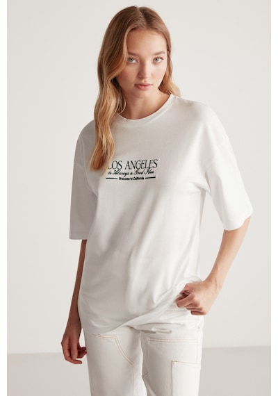 Grımelange Janna Kadın Şehir Temalı Ön Ve Arka Baskı Detaylı Oversize Fit Bisiklet Yaka Beyaz / Yeşil T-shirt