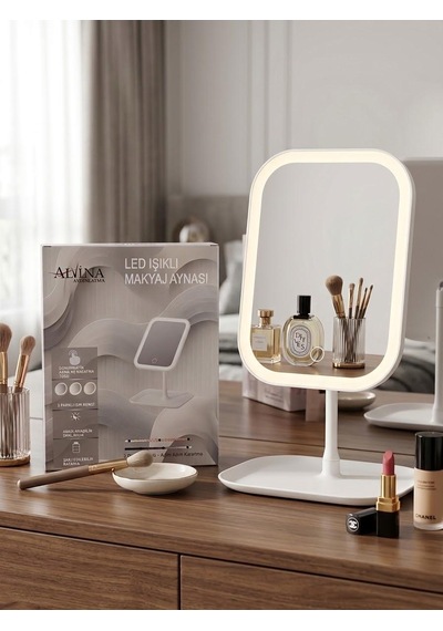 Led Işıklı Dimmerli Usb Şarjlı Dokunmatik Makyaj Aynası Beyaz - 3 Renk Işık Modu 360 Döner Masaüstü Ayna Kare
