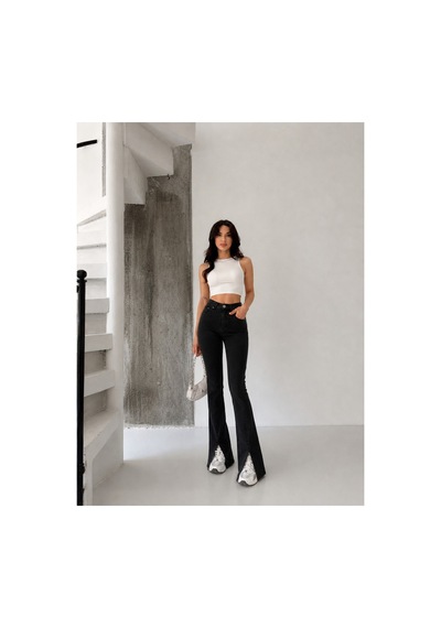 Kene Jeans Siyah Ön Bacak Pens Yırtmaçlı Esnek İspanyol Paça Pantolon Siyah
