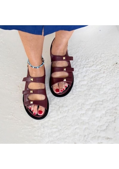 Ne&ve Shoes Bordo Hakiki Deri Gold Aksesuarlı Günlük Rahat Sandalet