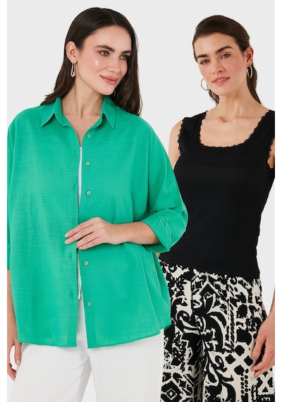 Lela Streç Pamuklu Oversize Fit 2' Li Paket Bayan Gömlek-Atlet Set 67810014979S2 Yeşil-Siyah