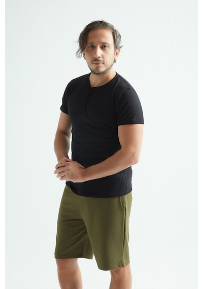Erdem Erkek Fitilli T-shirt Düğmeli Kaşkorse Fanila 1125 Siyah