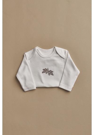 Yaprak Nakışlı Uzun Kollu Çıtçıtlı Bebek Body Krem