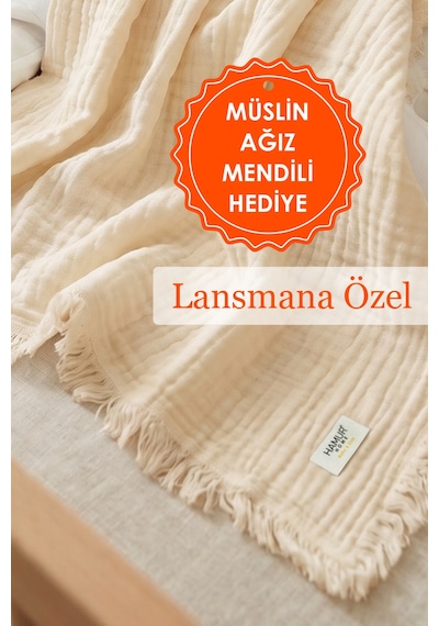 Bebek 4 Katlı Müslin Pike Örtü %100 Pamuk 2'li Ağız Bezi Hediyeli Yenidoğan 85x100 Battaniye Ekru
