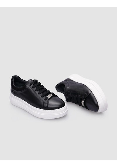 %100 Hakiki Deri Siyah Bağcıklı Kadın Sneaker-siyah Siyah