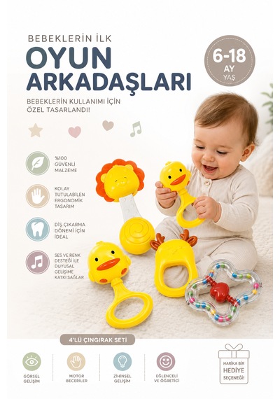 Lucky King 4 Lü Bebek Çıngırak Seti Eğitici Ve Eğlenceli Oyuncak Seti 6-18 Ay Çok Renkli