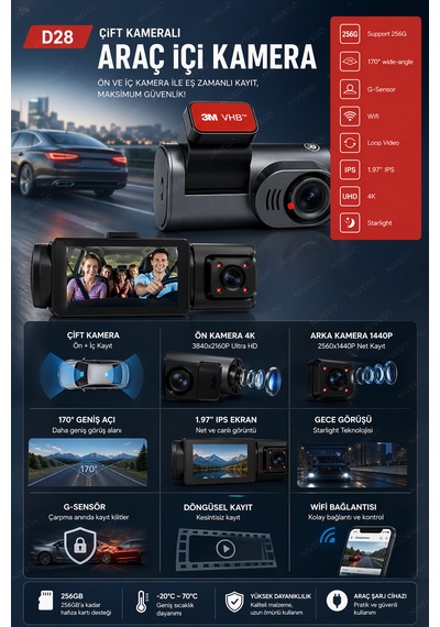 Nvg D28 Uhd Çift Lens Araç Kamerası 4k Ön 1440p Arka Gece Görüş Wifi 256gb Destekli Dashcam
