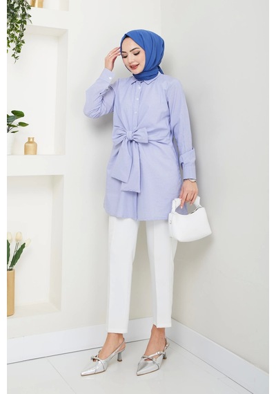 Çizgili Poplin Bağlamalı Gömlek - Mavi / Ü103 Mavi